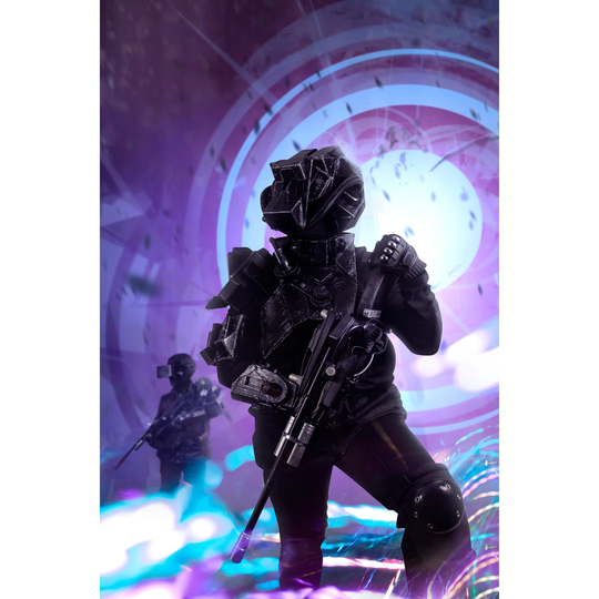 Robotic Swat Soldiers On A Future City Background.