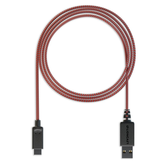 Lioncast USB-C Charging Cable with Fabric Covering for Nintendo Switch, Joy-Con Controller and Charging Grip; 3m long - Red and Grey