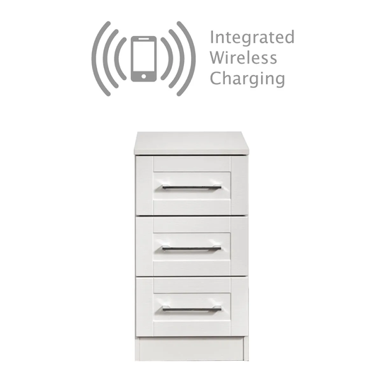 York Ready Assembled 3 Drawer Bedside Cabinet With Integrated Wireless Charging White Ash