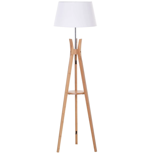 HOMCOM Tripod Floor Lamp Light E27 Base With Fabric Shade Storage Shelf White