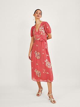 Monsoon Kira Sustainable Emb Wrap Dress - Pink