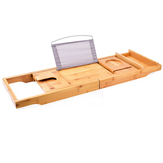 Belfry Bathroom Bamboo Bath Caddy Bath Tray With Extending Sides Built In Book Tablet Ipad Holder Cellphone Soap Tray & Wineglass Holder Bath Bridge W
