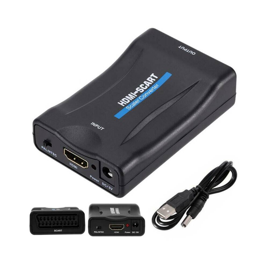 HD SCART to HDMI Adapter Video Audio Upscale Converter USB Cable TV DVD Black