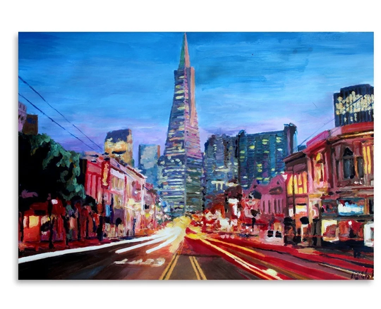 San Francisco Columbus St. with Cafe Vesuvio and Transamerica at Dawn by M Bleichner - Unframed Painting Print on Paper