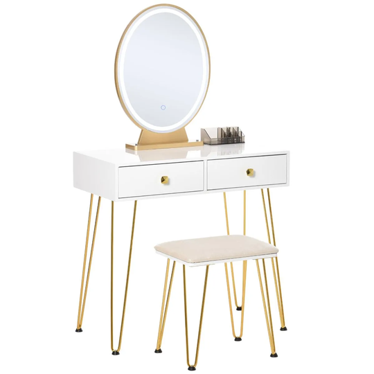 HOMCOM Dressing Table Set With Oval LED Mirror And Stool 2 Drawers White Gold Hairpin Legs
