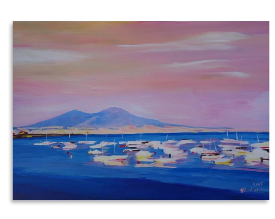 Boats in Gulf of Naples Italy with Vesuvius by M Bleichner - Painting Print on Paper