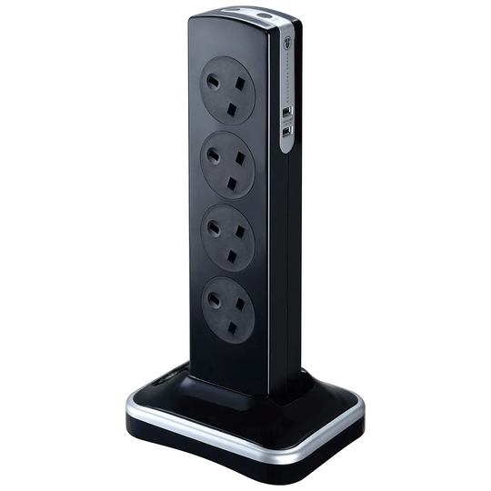 Masterplug 8 Socket 2m Switched Tower Surge Extension Lead + USB (2 port 3.1a) - Gloss Black