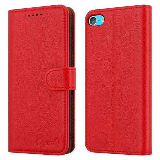 (Red) For iPod Case Leather Flip Magnetic Closure Folio Book Kickstand Card Holder Wallet Cover For Apple iPod Touch Gen 5th 6th 7th Generation