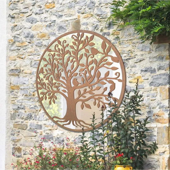 MirrorOutlet Bird Tree Design Round Garden Mirror 100 X 100 Cm 3Ft3 X 3Ft3