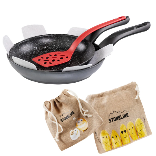 6 Piece Stoneline Made in Germany Pan set 24/28cm with magnetic handle, including turner+fleece pan protection+jute bag