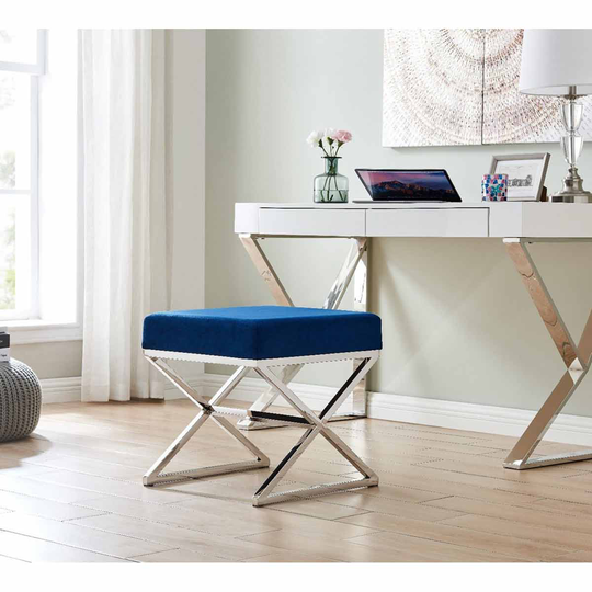 Furniture Box Oxford Modern Silver Chrome Metal And Velvet Luxury Upholstered Square Blue Seat Bench