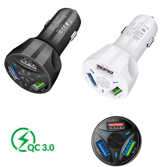 (Black) 3-Port USB Car Phone Chargers Adapter QC 3.0 Fast Charging LED Display for Cellphone