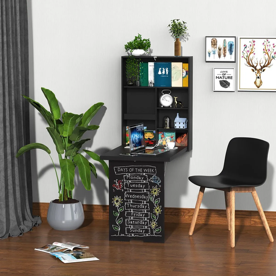 HOMCOM Fold Out Wall Mounted Home Office Desk With Storage Shelving and Chalkboard Black