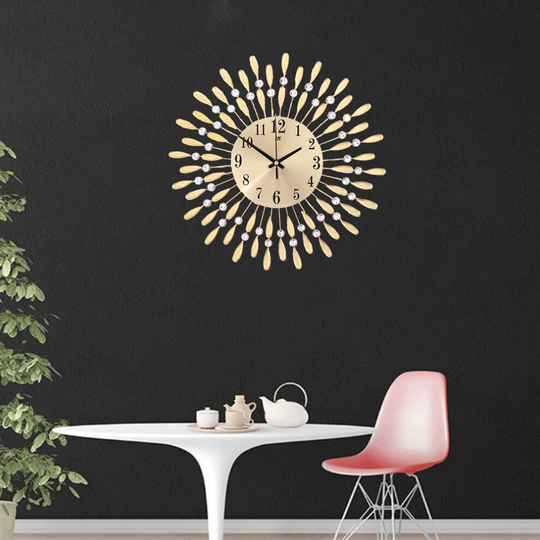 (Gold) Large 3D Wall Clock Art Metal Diamond Silent Clock