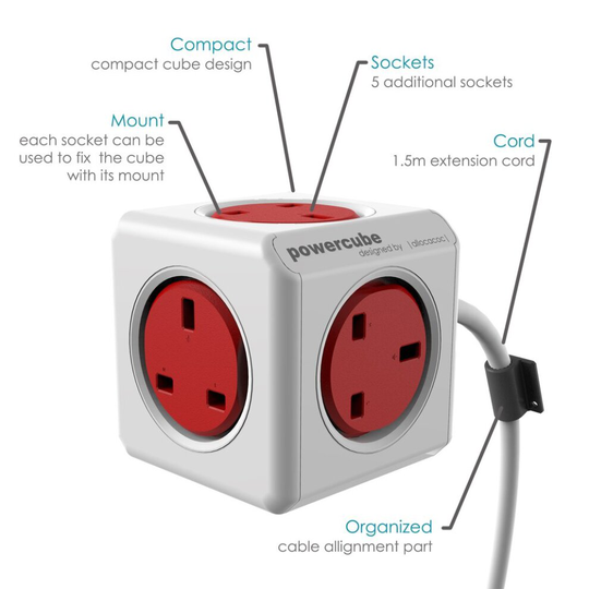 PowerCube Extended 1.5m Extension Lead 5way Mountable Socket Adapter