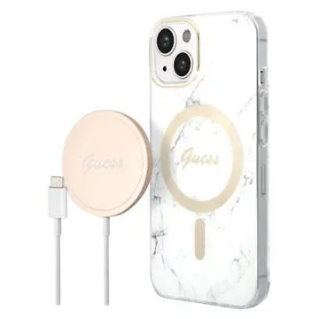 Guess Marble Edition Bundle Pack iPhone 14 Case & Wireless Charger - White
