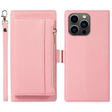 iPhone 14 Pro Max 2-in-1 Magnetic Wallet Case with Zipper - Pink
