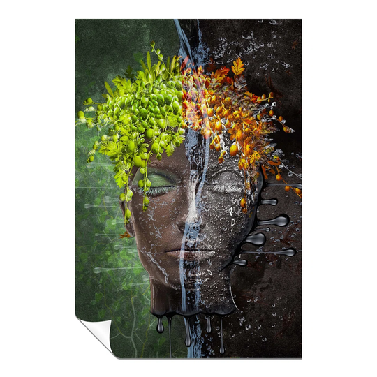 Panther Print Fine Art Prints Abstract Woman With Green & Yellow Leaves On Head Artistic Unframed Poster, Pictures For Home Walls, Bedroom, Living Roo
