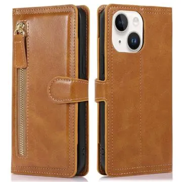 Zipper Pocket iPhone 14 Plus Wallet Case - Light Brown