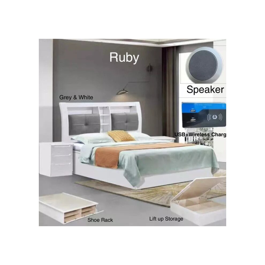 (Grey , Double ) Ruby High Gloss Storage Bed with Bluetooth Speaker