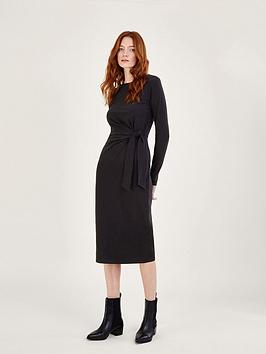 Monsoon Long Sleeve Side Knot Midi Jersey Dress - Black, Black, Size S, Women