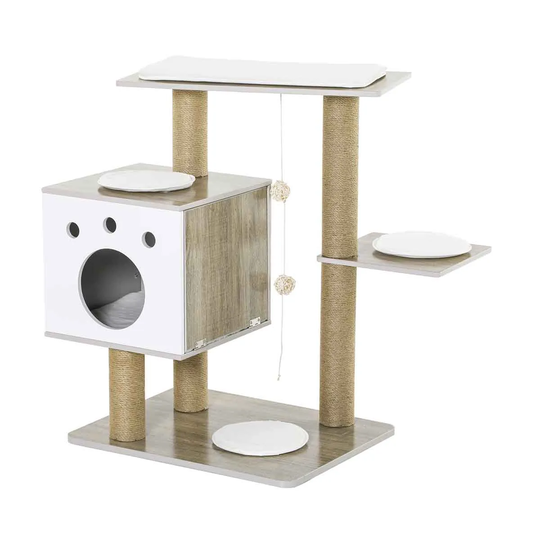PawHut Cat Climbing Activity Center w/ Ramp and Cushion - Grey