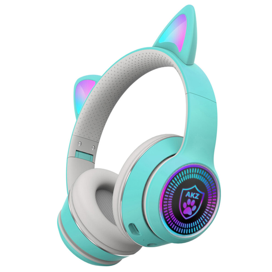 (Teal) LED Wireless Bluetooth 5.0 Cat Ear Headphones Headset Adult Size, Built In Microphone, USB Rechargeable Battery