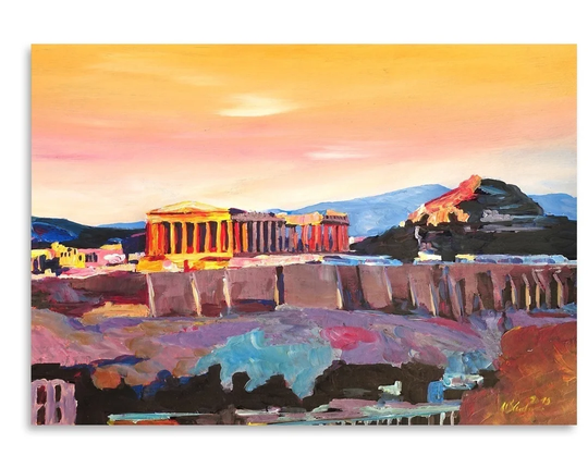 Athens Greece Akropolis at Sunset Neu by M Bleichner - Painting Print on Paper