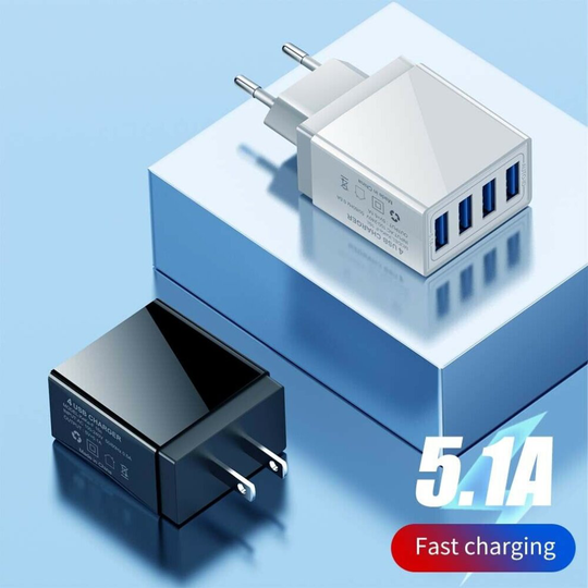 (White, EU) Brand New 4 Port Fast Charging USB Hub Wall Charger Travel Power Adapter Plug