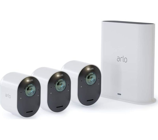 Arlo Ultra Smart Home Security Cameras | Alarm | Rechargeable | Colour Night Vision | Indoor/Outdoor | 4K UHD | 2-Way Audio | Spotlight | 180° View | 3 Camera Kit | VMS5340