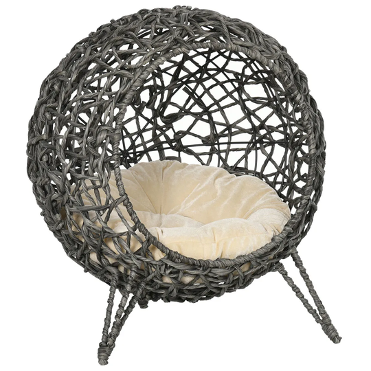 PawHut Rattan Elevated Cat Bed - Silver-Tone and Grey
