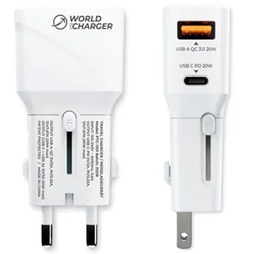 Prio Fast Charge World Travel Adapter with USB-A, USB-C - 20W - White