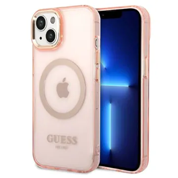 Guess Gold Outline MagSafe iPhone 14 Hybrid Case - Translucent Pink