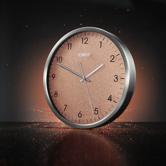 Tower T878503BLK Glitz Wall Clock, Glass Front, Battery Operated, Noir, 30 cm
