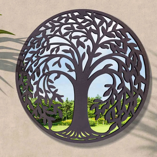MirrorOutlet Harrogate Metal Circular Decorative Silver Tree Garden Mirror Outdoors 99cm x 99cm