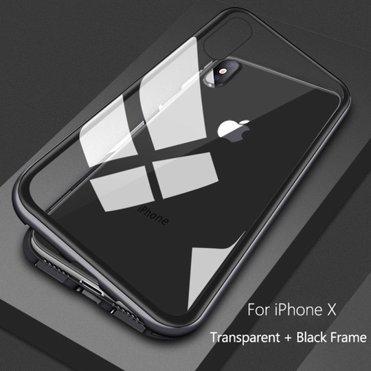(Apple iPhone 8, Transparent Black) Magnetic Adsorption Case Metal Tempered Glass Back Magnet Absorption Protective Cover Transparent Bumper Clear + F