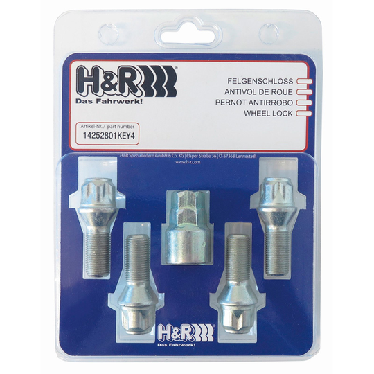 H&R Wheel lock set M12x1.25x36mm flat - 4 lock bolts incl. Adapter HR 12253606KEY4