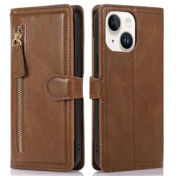 Zipper Pocket iPhone 14 Plus Wallet Case - Brown