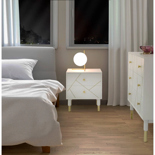 Elegant Bedside Table In Mdf Pine Wood, With 2 Drawers, White Color And Golden Finishes, Measurements 40 X 51 X 45 Cm