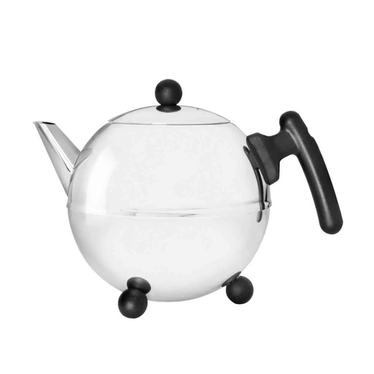 Bredemeijer Teapot Double Wall Bella Ronde Design 1.2L In Polished Steel Finish With Black Fittings