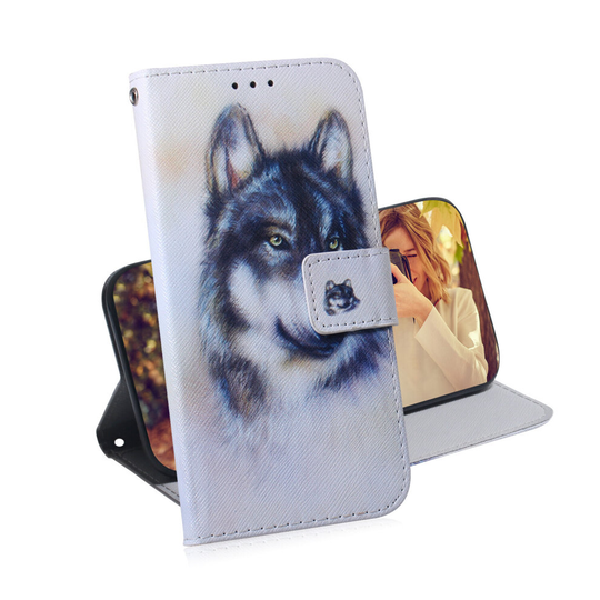 Phone Case For iPhone 12/12 Pro magnetic wallet PU leather flip cover with white Wolf