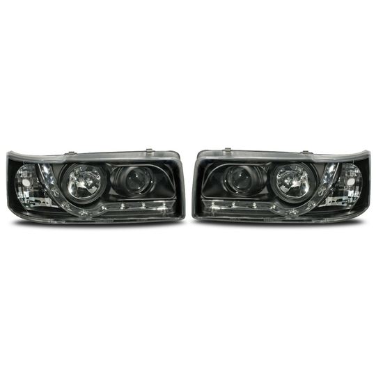 For VW Transporter T4 Black LED DRL Projector Headlights Short Nose Devil Eye