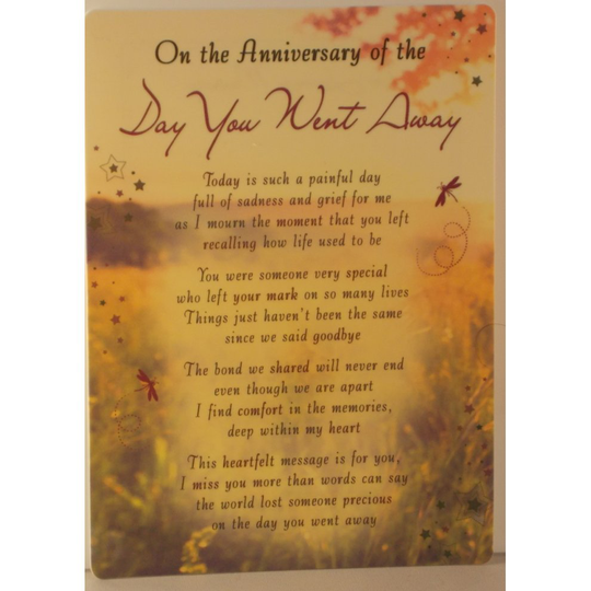 Memorial Grave Card On the Anniversary of the day you went away 16.5cm x12cm