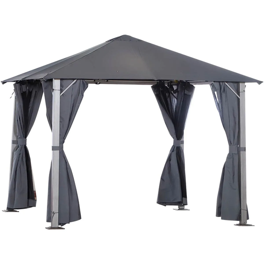Outsunny Outdoor Gazebo Steel Wood Grain Frame Mesh Curtain Sun Shelter - Grey