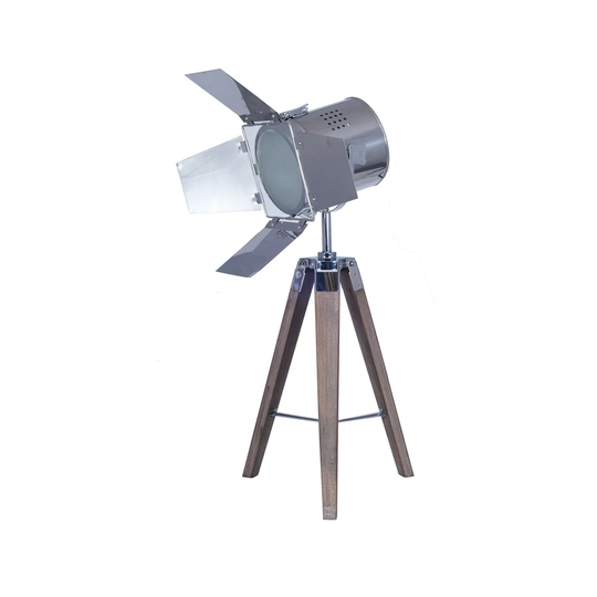 Grey Wood and Silver Metal Film Tripod Table Lamp