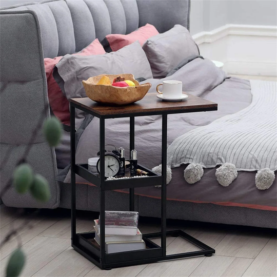 C Shaped Side Table With Storage Shelves, Printer Stand With Paper Storage Shelves, Snack Table For Coffee Laptop Tablet With 2 Trays,C Shaped Sofa Si