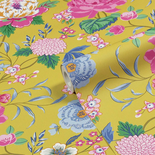 Furn. Azalea Yellow Printed Floral Wallpaper