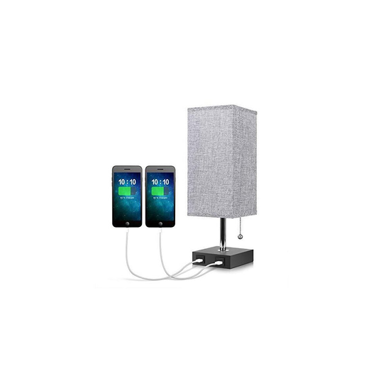 USB Bedside Table Lamp,Seealle Grey Modern Table & Desk Lamp with 2 USB Fast Charging Port, Solid Wood Unique Lampshade,Convenient Pull Chain for Be