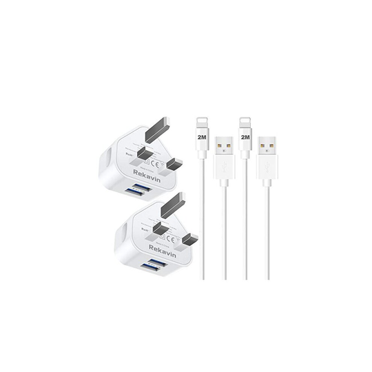 Phone Charger Plug and Cable,2Pack Dual USB Wall Charger Plug Adapter UK with 2 Pack 2M Phone Charging Lead Cord wire2.1A Fast Charging for iPad