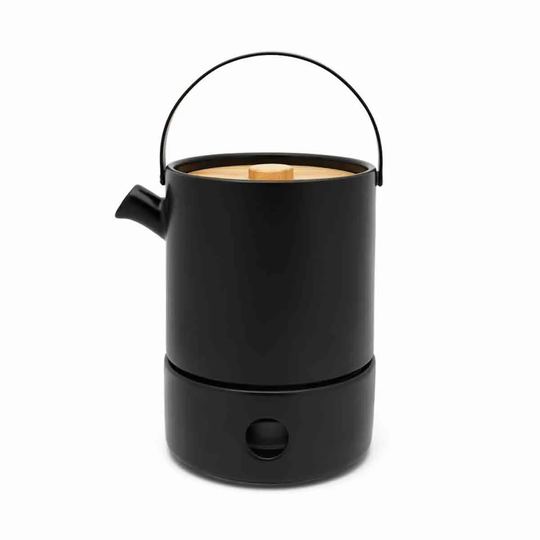 Bredemeijer Tea Set Umea Design Stoneware Teapot 1.2L With Warmer In Black With Bamboo Lid